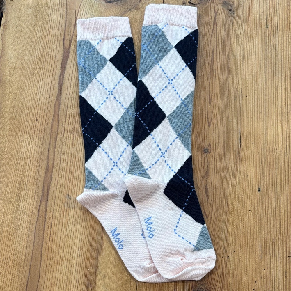 New! MOLO Denmark Girls Argyle Socks Crew Long Fit Pink Charcoal Black Pattern